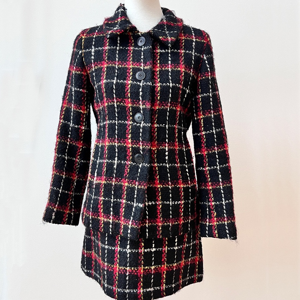 Agnès B Black Wool Windowpane Plaid Skirt Suit Size 38